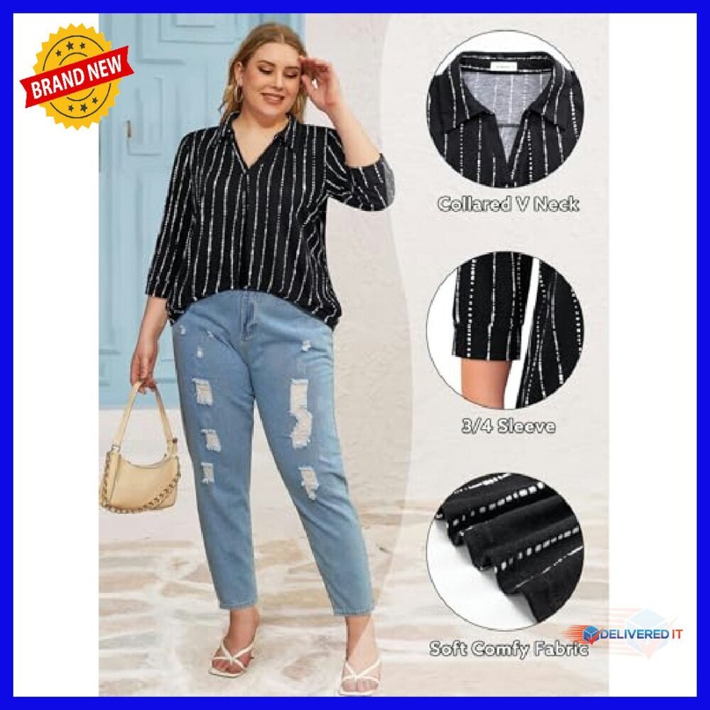 Plus Size V-Neck Collared 3/4 Sleeve Blouse Loose Fit Soft Business Casual - Picture 6 of 8